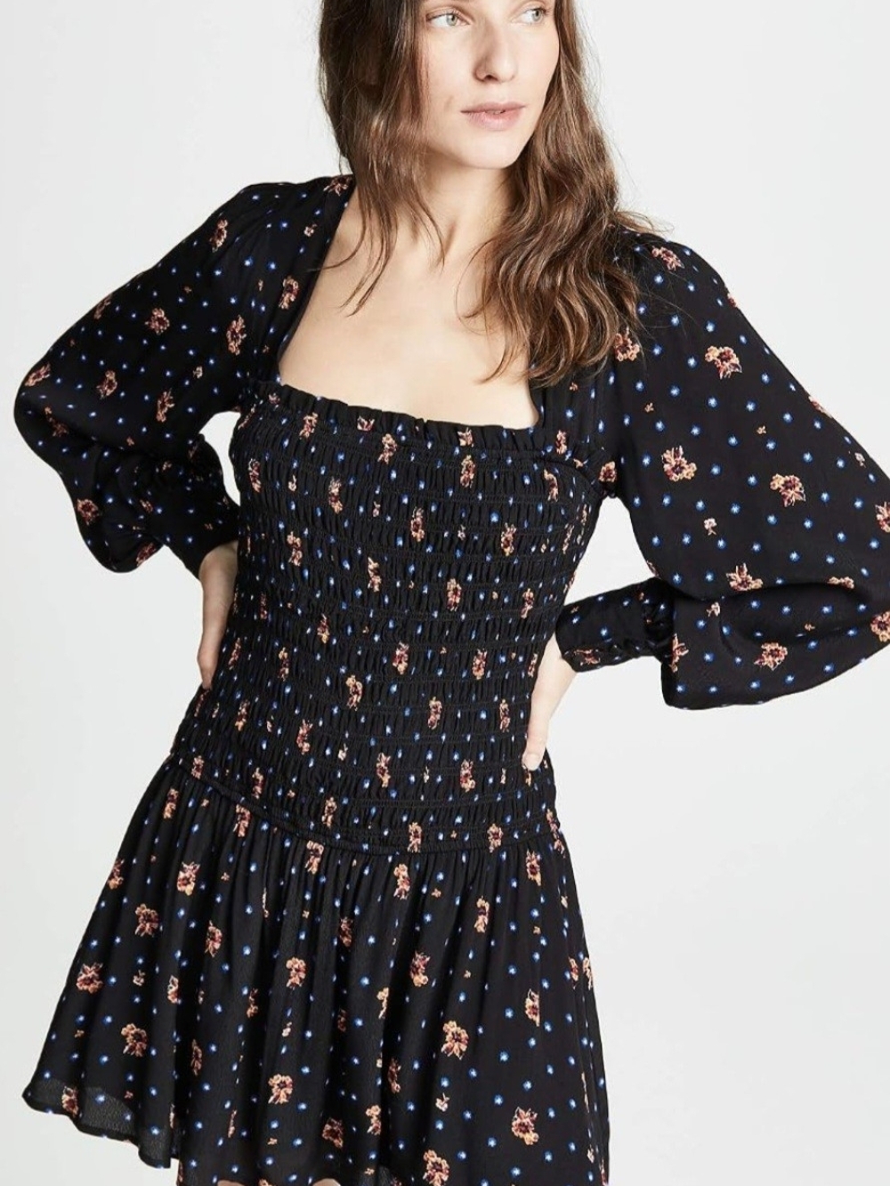 Free People Black Smocked Midi Longsleeve Dress with Blue and Brown Floral Print